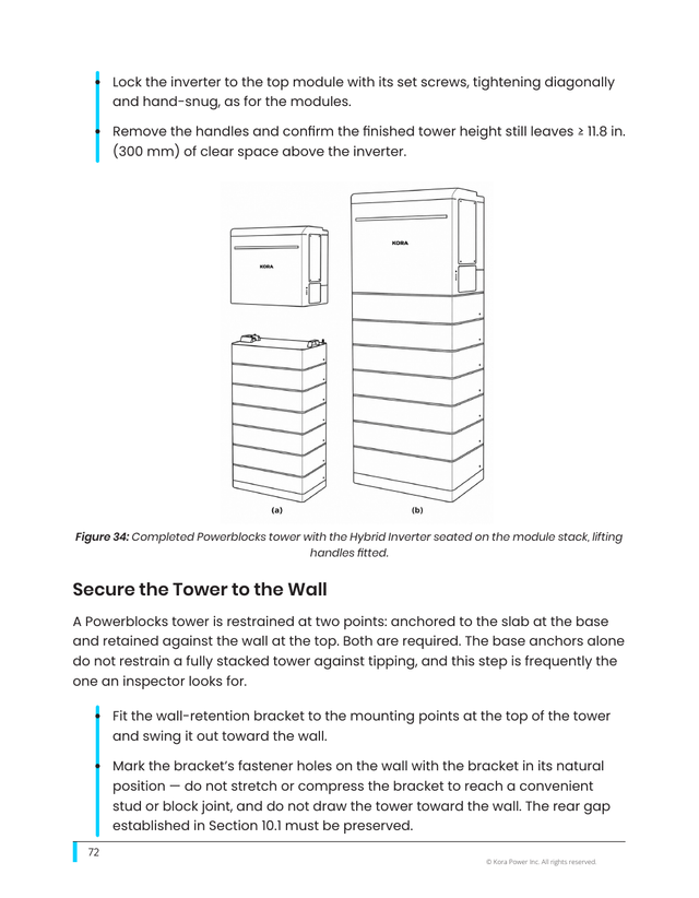Kora installation manual page 72: 10.2 Seating the Hybrid Inverter (Fig. 34)
