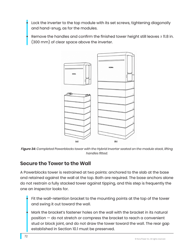 Kora installation manual page 72: 10.2 Seating the Hybrid Inverter (Fig. 34)
