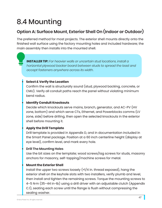 Kora installation manual page 47: 8.4 Mounting, Option A: Surface Mount
