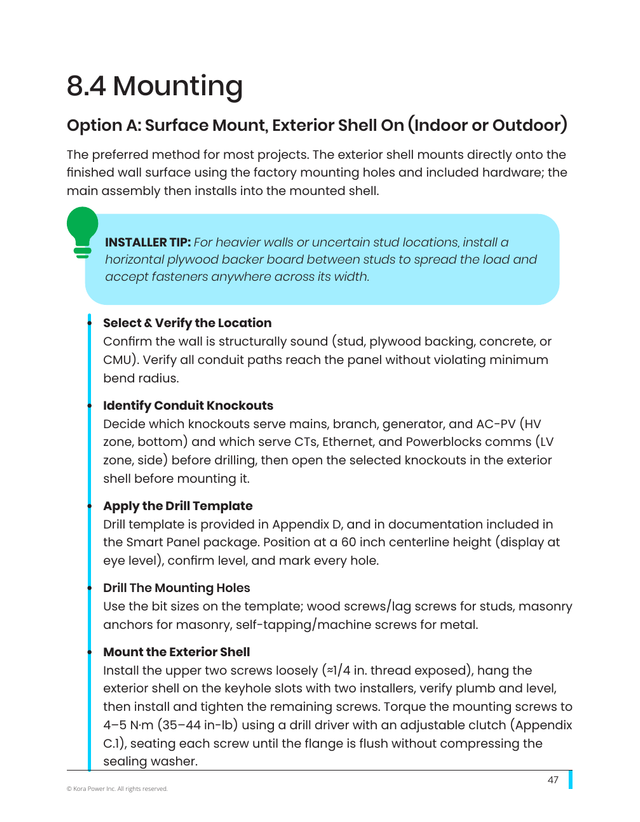 Kora installation manual page 47: 8.4 Mounting, Option A: Surface Mount