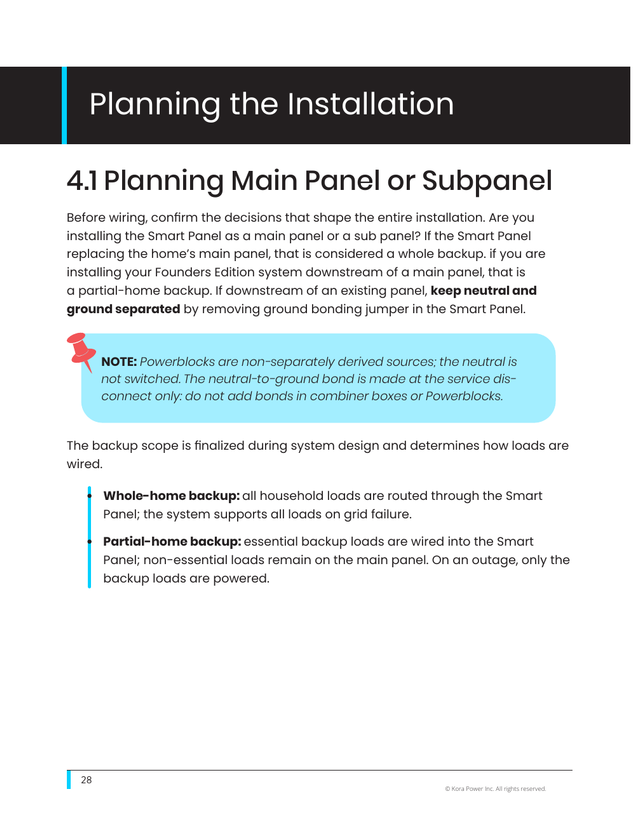Kora installation manual page 28: 4.1 Main Panel vs. Subpanel