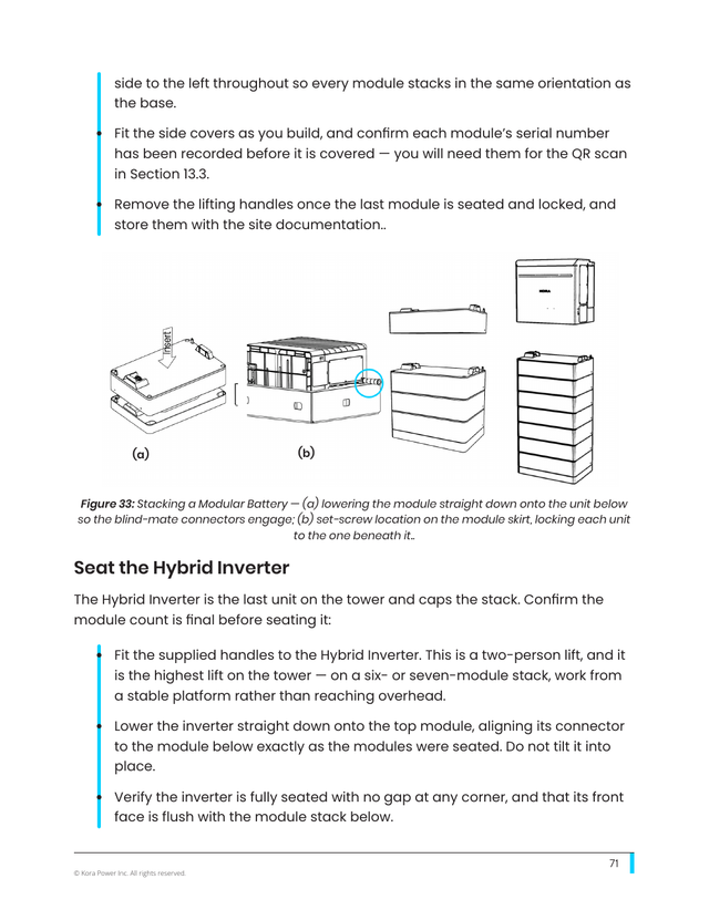 Kora installation manual page 71: 10.2 Stacking Battery Modules (Fig. 33)