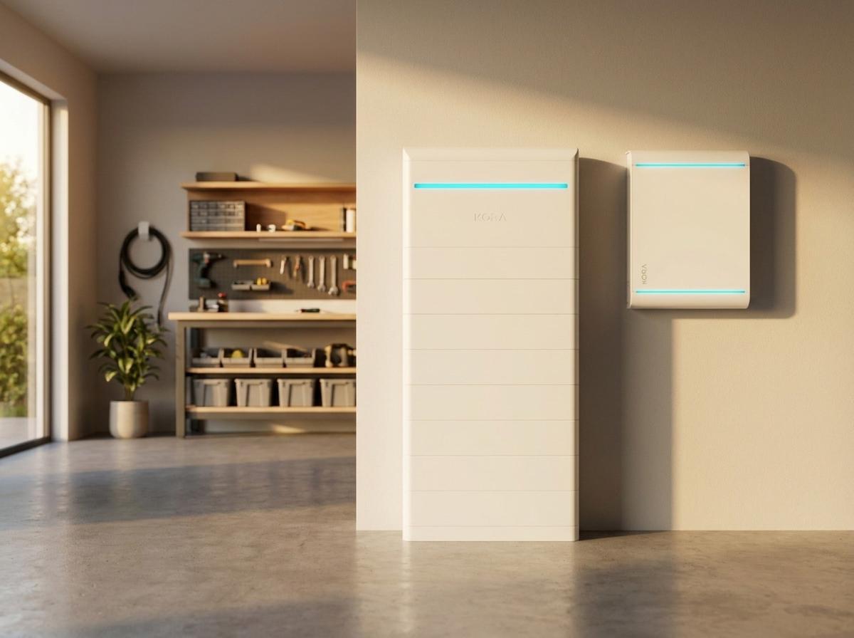 Kora Powerblocks LFP battery stack and Smart Panel in a residential garage.
