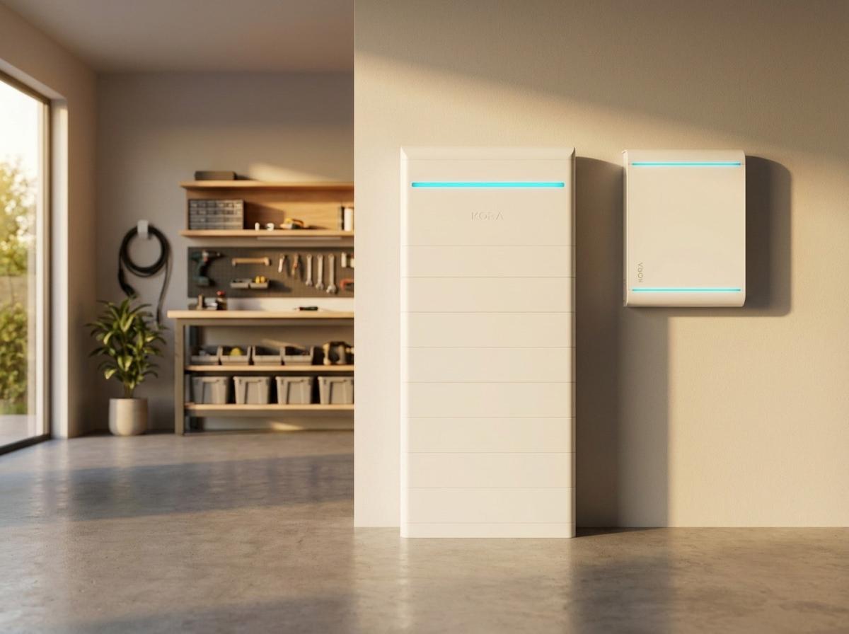 Kora Powerblocks LFP battery stack and Smart Panel in a residential garage.