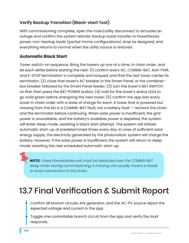 Kora installation manual page 100: 13.6 Energize the Powerblocks