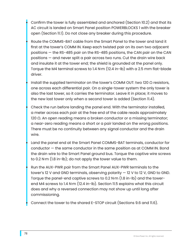 Kora installation manual page 78: 11.3 Single-Tower Connection