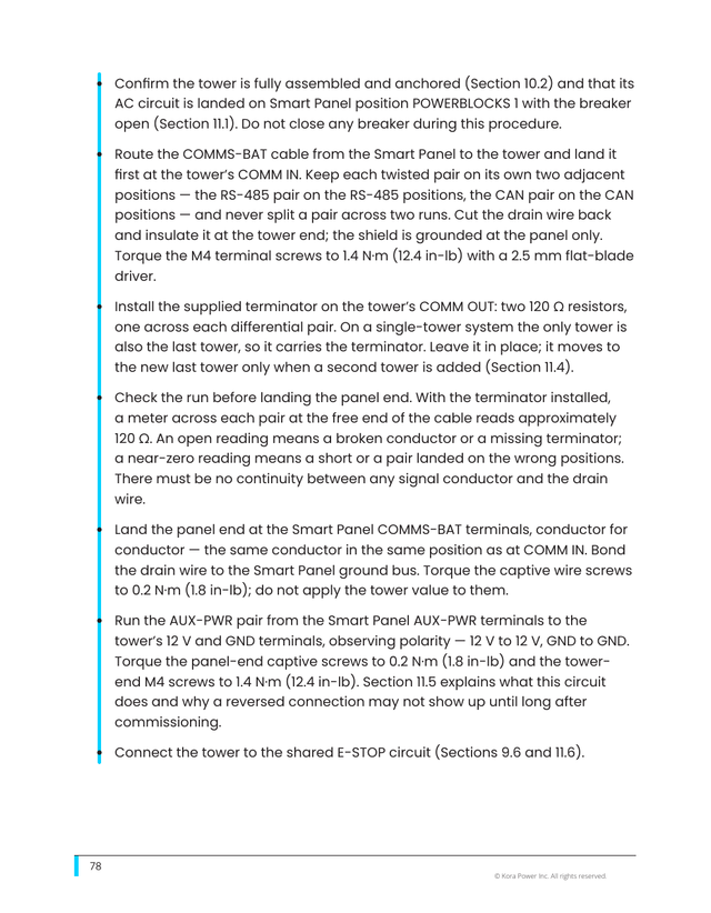 Kora installation manual page 78: 11.3 Single-Tower Connection