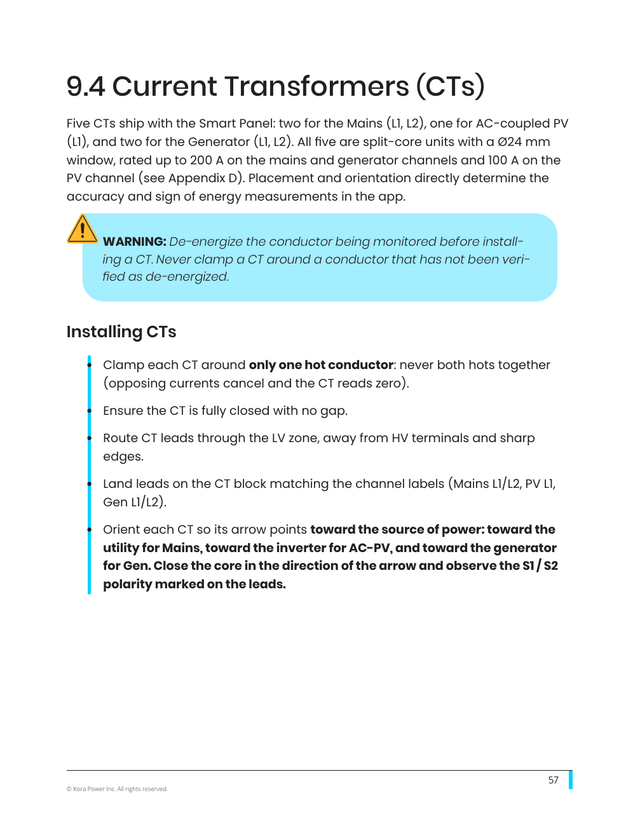 Kora installation manual page 57: 9.4 Current Transformers (CTs)