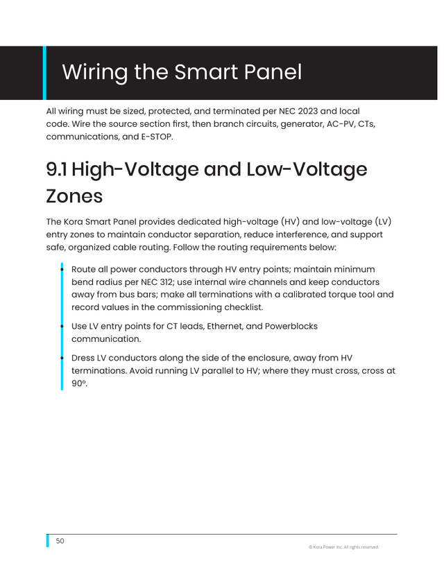 Kora installation manual page 50: 9.1 High- and Low-Voltage Zones
