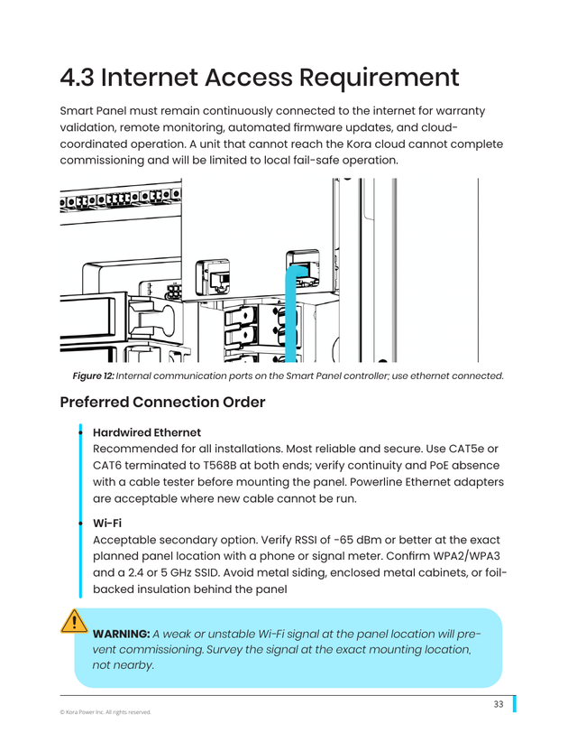 Kora installation manual page 33: 4.3 Internet Connection