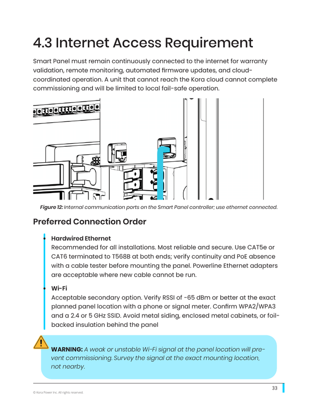 Kora installation manual page 33: 4.3 Internet Connection