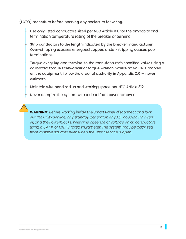 Kora installation manual page 15: 1.8 Electrical Connection Safety