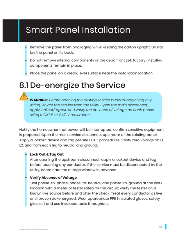 Kora installation manual page 43: 8.1 De-energize the Service