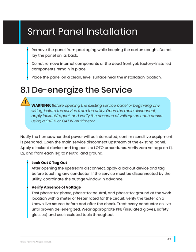 Kora installation manual page 43: 8.1 De-energize the Service