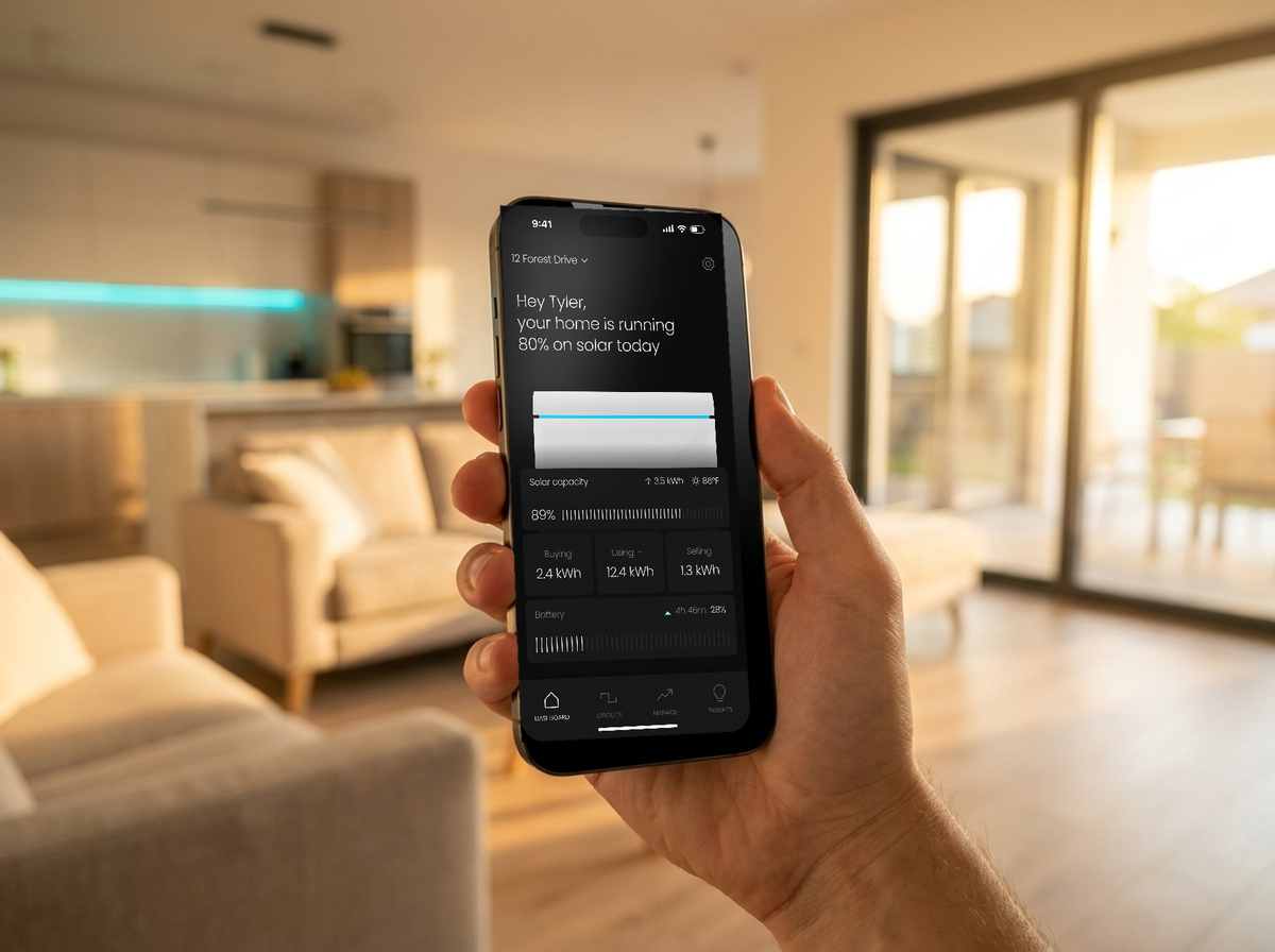Hand holding a smartphone showing the Kora Power App with battery state of charge, solar production, and circuit priority view.