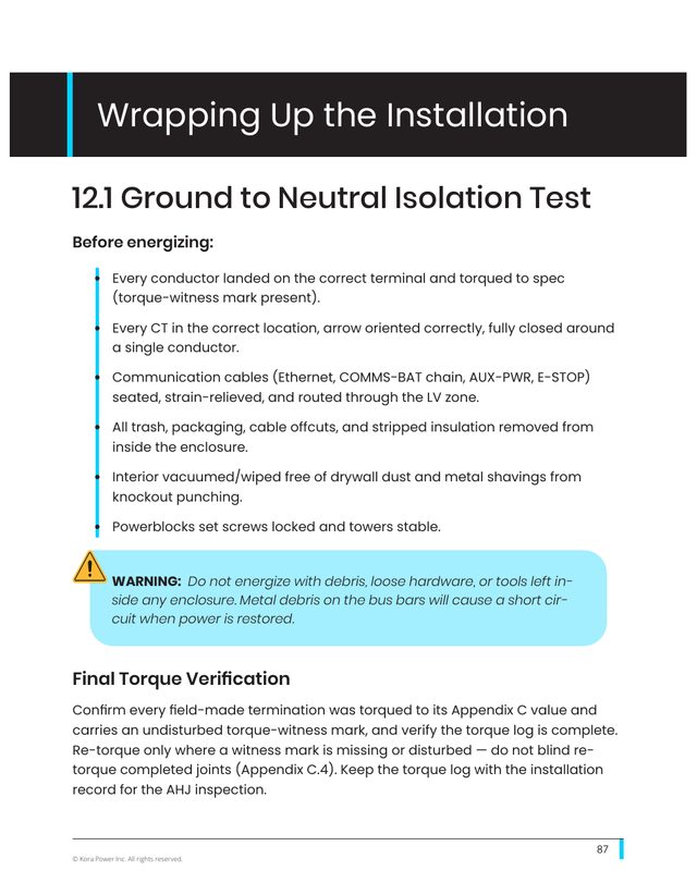 Kora installation manual page 87: 12.1 Pre-Energize Checks