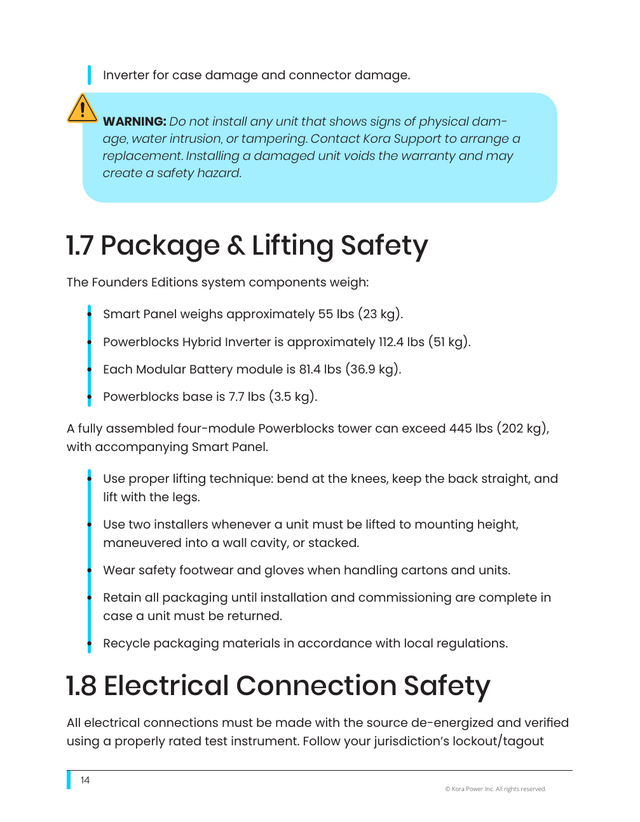 Kora installation manual page 14: 1.7 Lifting