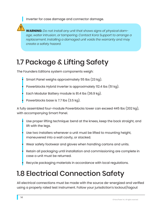 Kora installation manual page 14: 1.7 Lifting