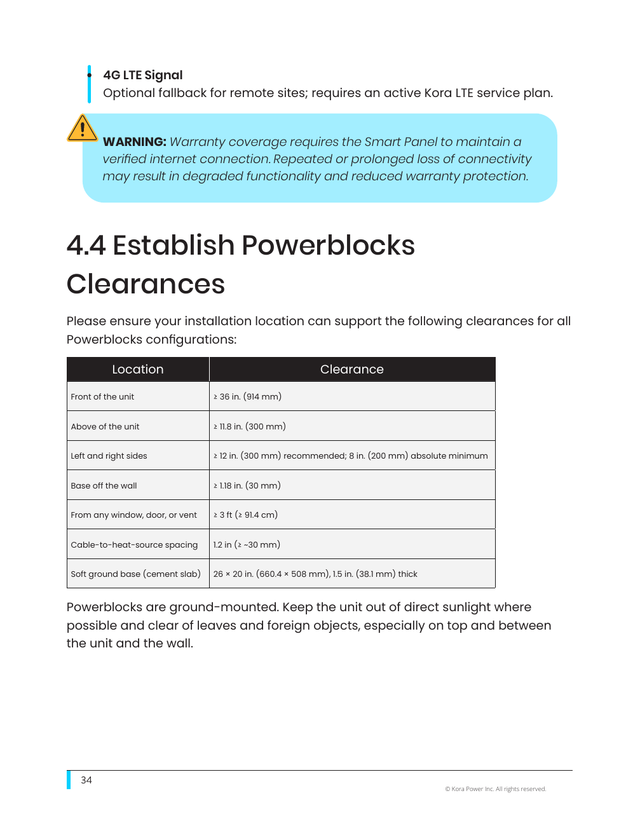 Kora installation manual page 34: 4.4 Powerblocks Clearances
