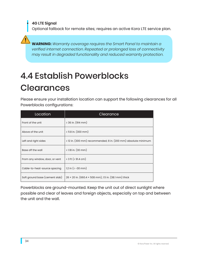 Kora installation manual page 34: 4.4 Powerblocks Clearances