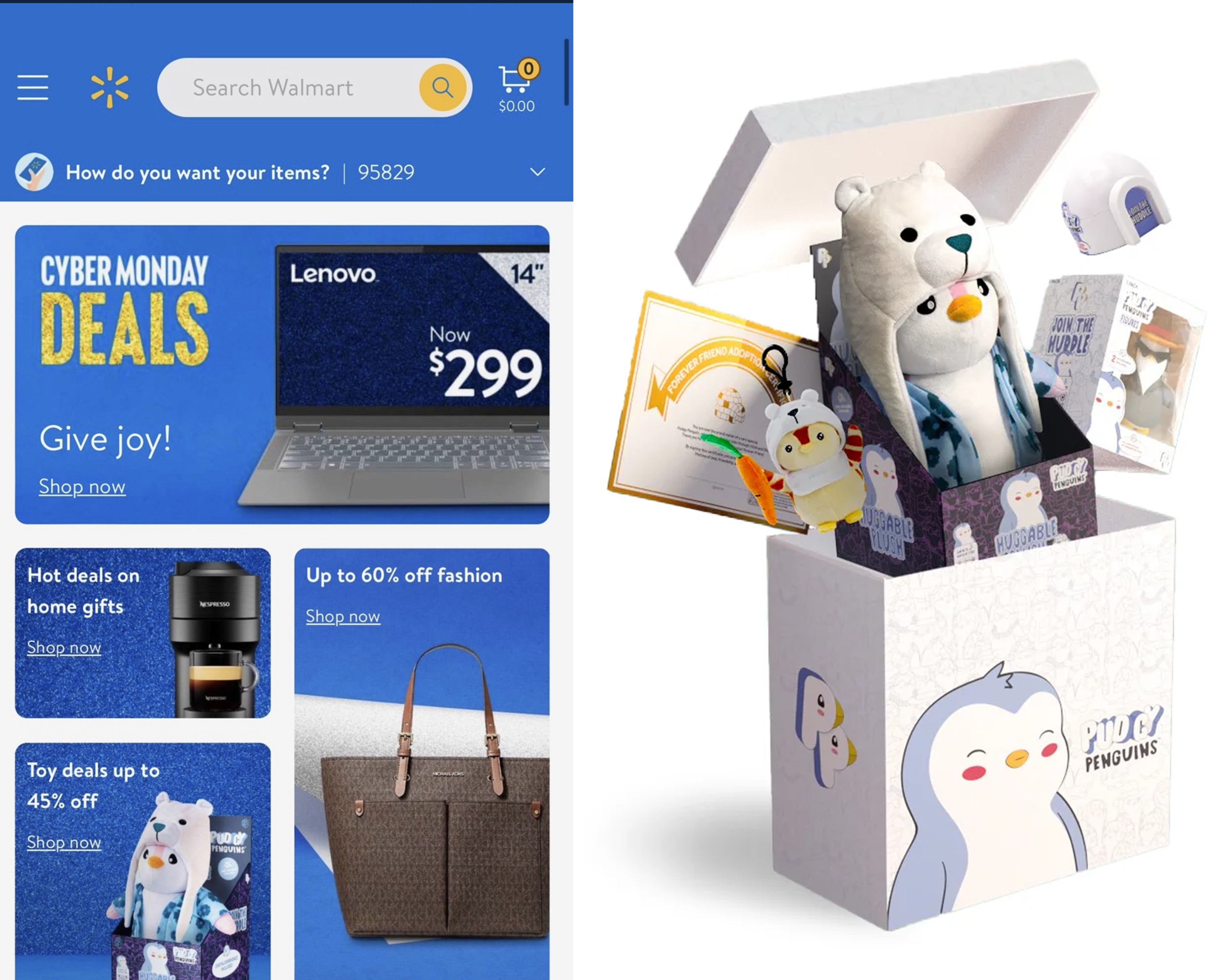 Pudgy Penguins Celebrity Box and Walmart's home page
