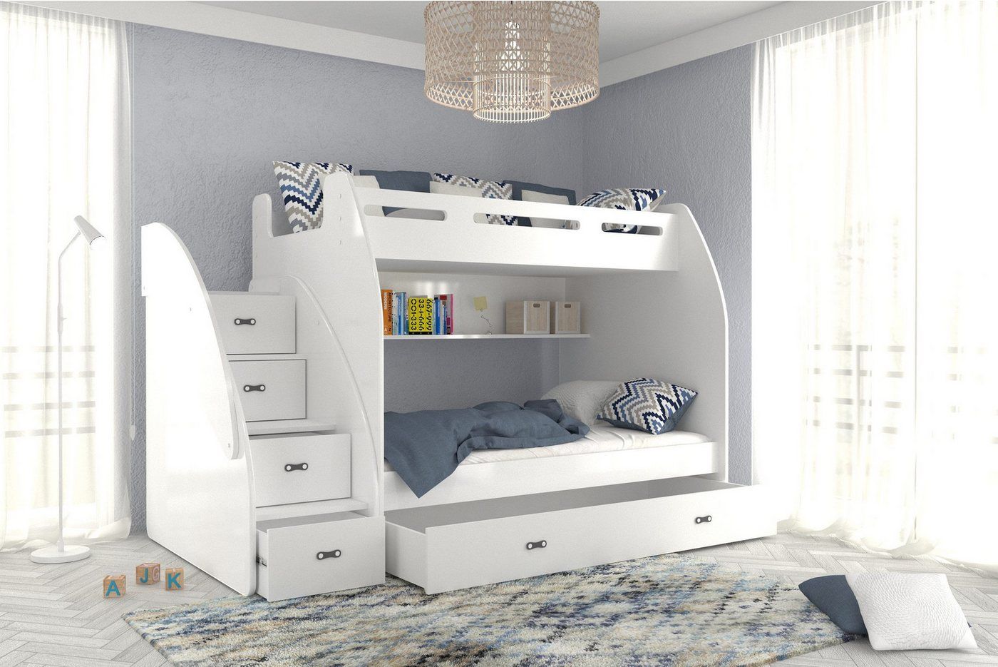 thematys Etagenbett oben 90x200 / unten 120x200cm, Treppe und Ausziehbett für 3 Kinder (Optional mit 2 Matratzen, Stockbett aus Holz, Treppe beidseitig montierbar)
