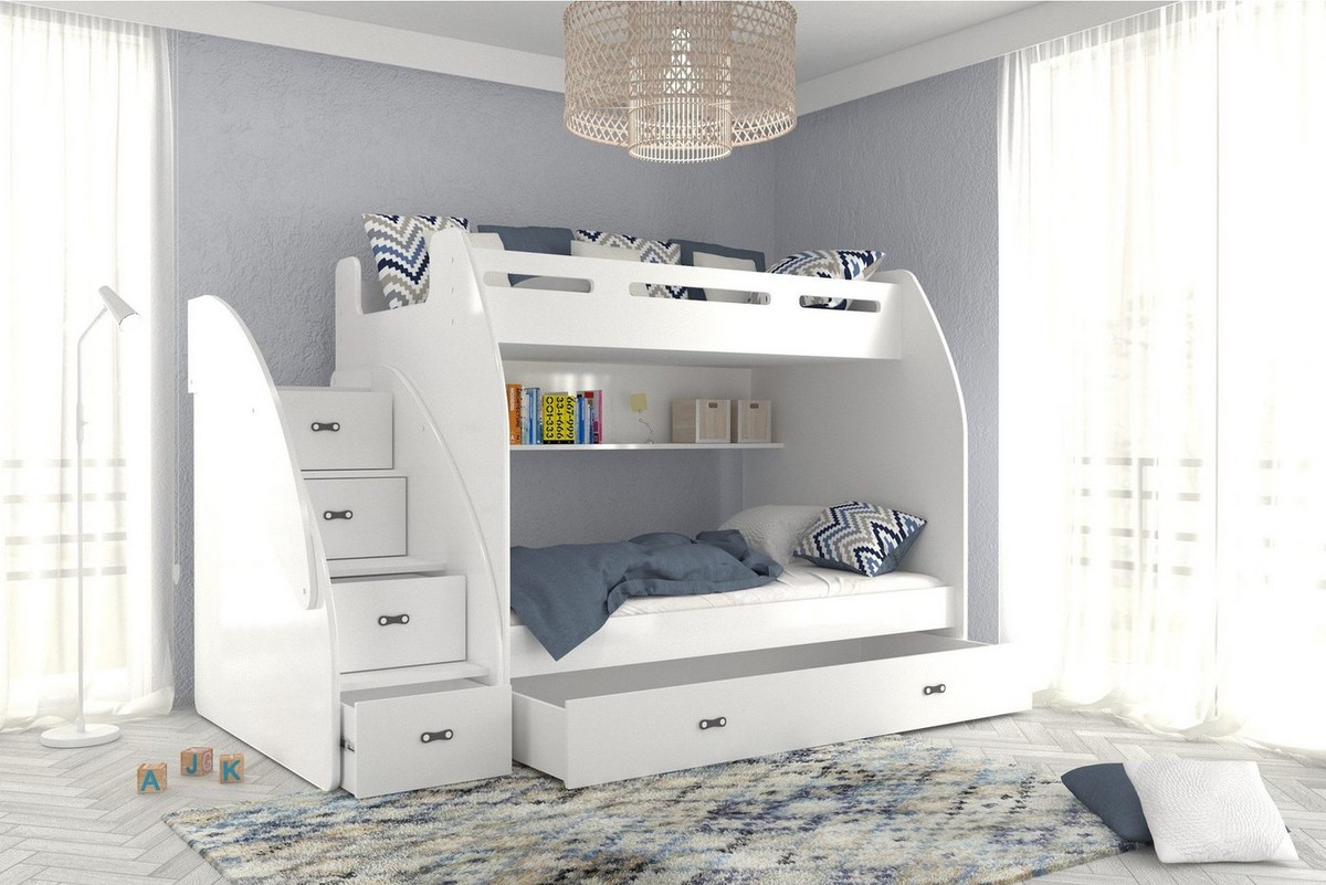 thematys Etagenbett oben 90x200 / unten 120x200cm, Treppe und Ausziehbett für 3 Kinder (Optional mit 2 Matratzen, Stockbett aus Holz, Treppe beidseitig montierbar)