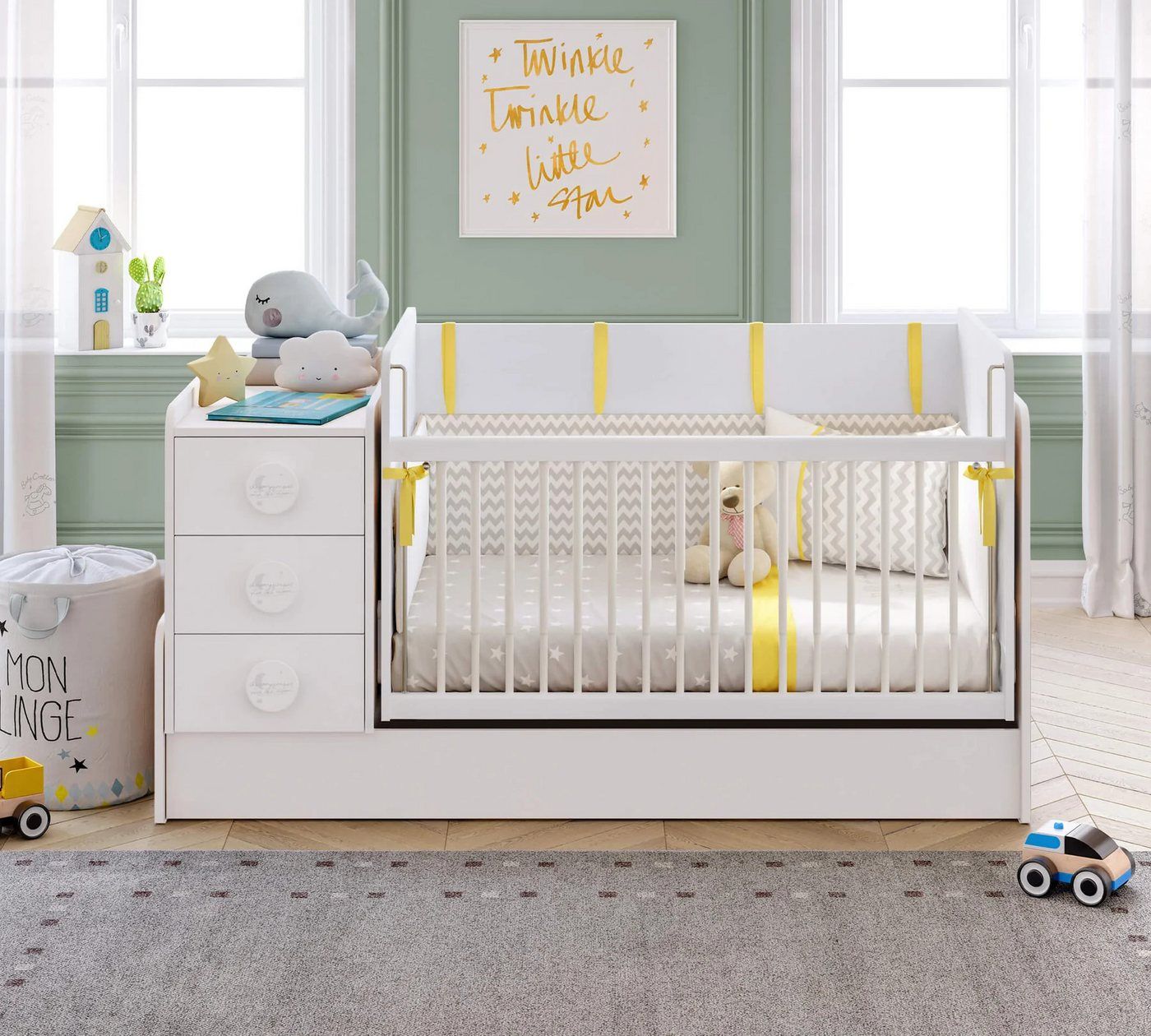 Möbel-Zeit Babybett mit Schaukelfunktion, umbaubar zum Kinderbett + Tisch + Kommode, Schaukelbar. Umbaubar zum Kinderbett.