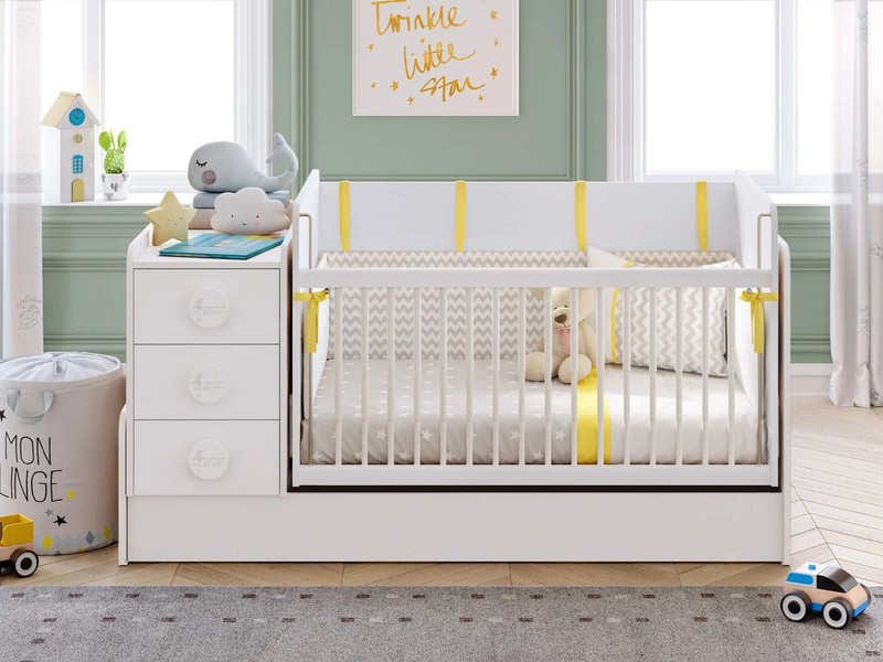 Möbel-Zeit Babybett mit Schaukelfunktion, umbaubar zum Kinderbett + Tisch + Kommode, Schaukelbar. Umbaubar zum Kinderbett.