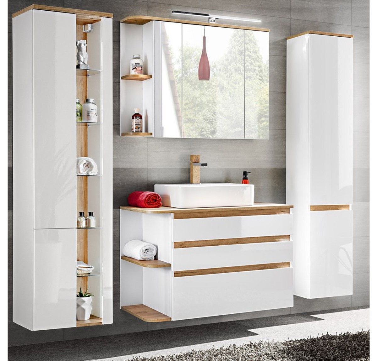 Lomadox Badmöbel-Set CAMPOS-56, (Spar-Set, 4-St), weiß mit Wotaneiche 2 Hochschränke 204/200/50 cm