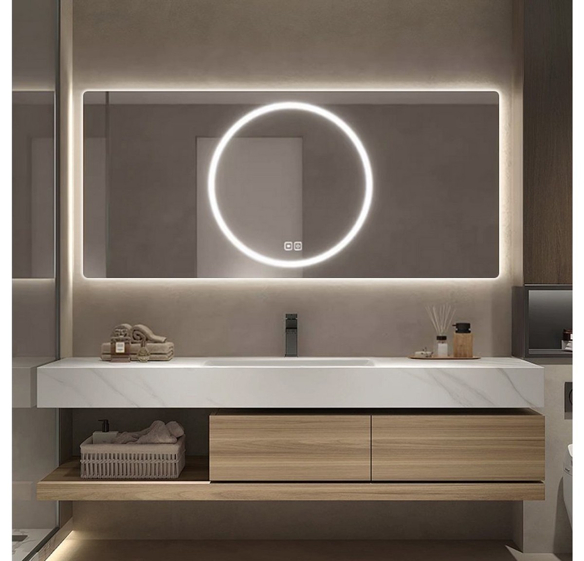 Muxing Badmöbel-Set Waschbecken-Set mit Sinterstein-Becken, Spiegel & Unterschrank RW, (Set)