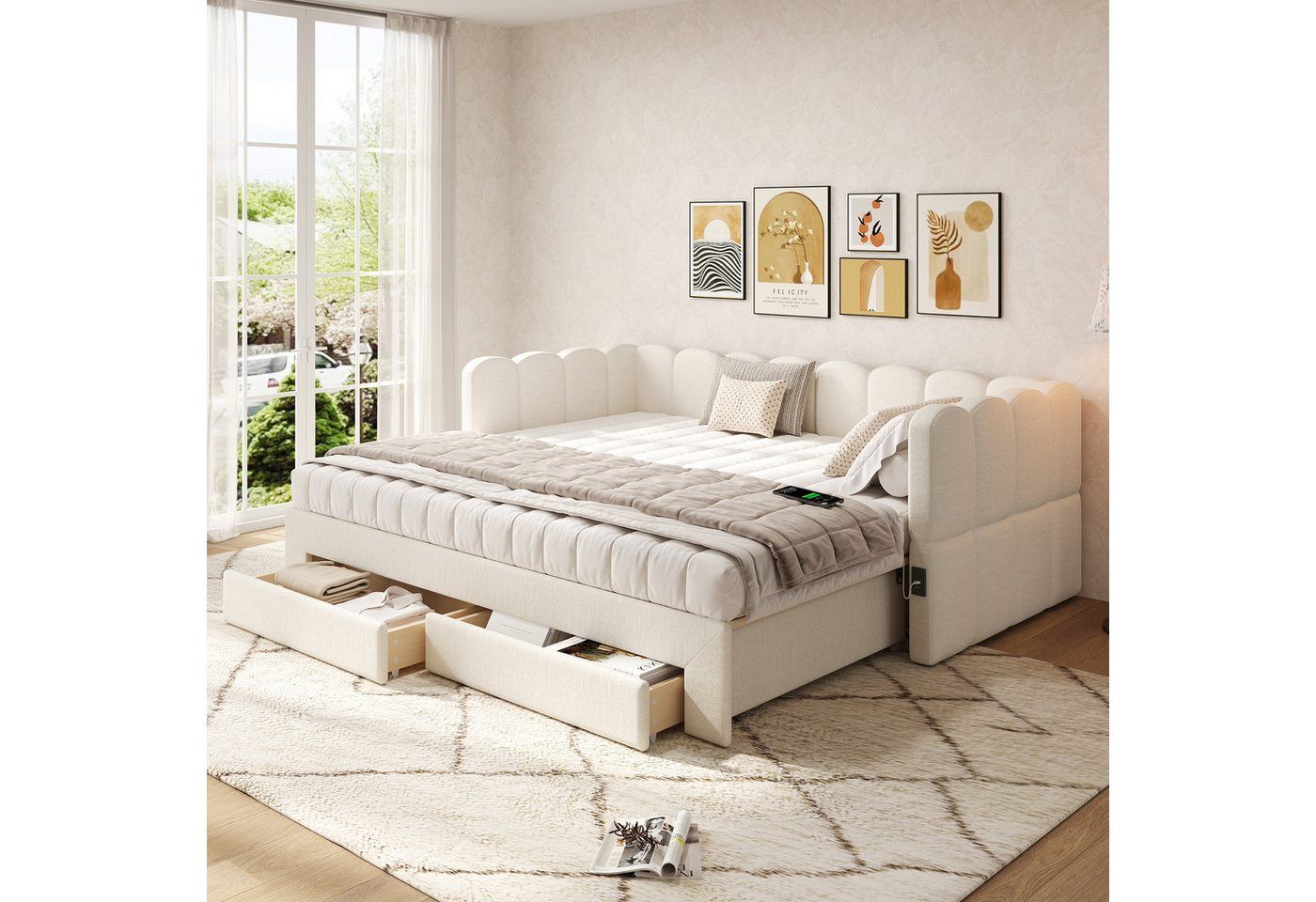Flieks Daybett, Polsterbett Tagesbett 90/180x190cm mit Ausziehbett, 2 Schubladen, USB