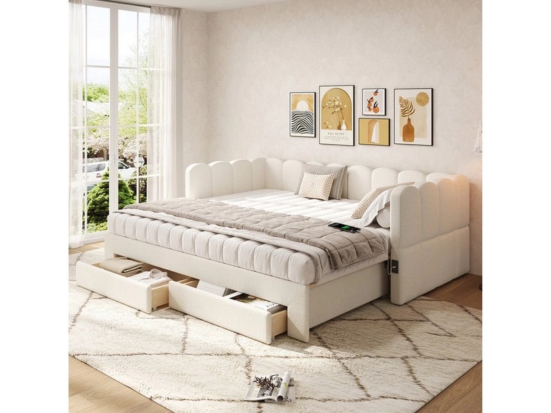 Flieks Daybett, Polsterbett Tagesbett 90/180x190cm mit Ausziehbett, 2 Schubladen, USB