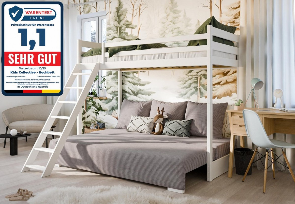 Kids Collective Hochbett 90x200 cm mit Schlafsofa 140x200 cm Couch in Cord-Stoff, 3 Kissen (Stockbett mit Leiter und Schlafcouch 200x140) OEKO TEX 100 mit 3 Kissen Sofa Etagenbett weiß 200x90 grau hellgrau