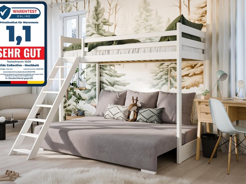 Kids Collective Hochbett 90x200 cm mit Schlafsofa 140x200 cm Couch in Cord-Stoff, 3 Kissen (Stockbett mit Leiter und Schlafcouch 200x140) OEKO TEX 100 mit 3 Kissen Sofa Etagenbett weiß 200x90 grau hellgrau