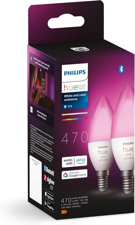 Philips Hue LED Lampe E14 2er Set 5,3W 320lm White Color Amb. Smarte Lampe