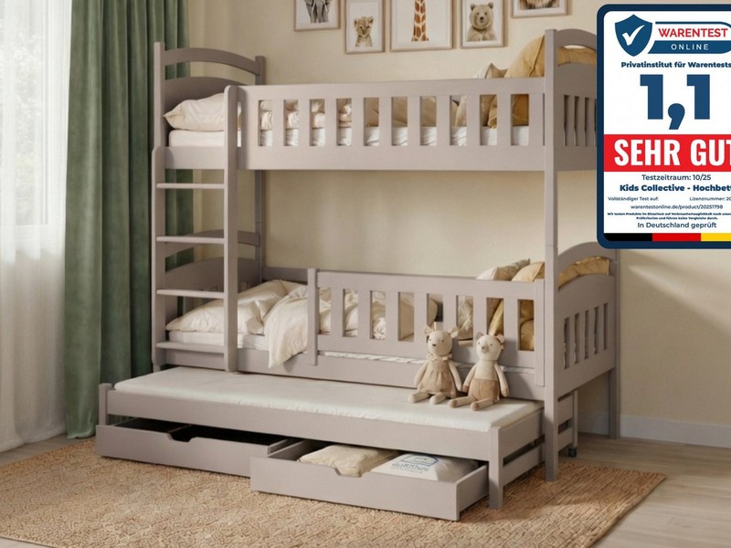 Kids Collective Etagenbett Hochbett Stockbett Kinderbett 90x200 cm mit Ausziehbett und Schubladen (Modell 2025, mit drei Matratzen inklusive), Umbaubar zu 3 Einzelbetten mit Lattenrosten & Rausfallschutz, Kaschmir