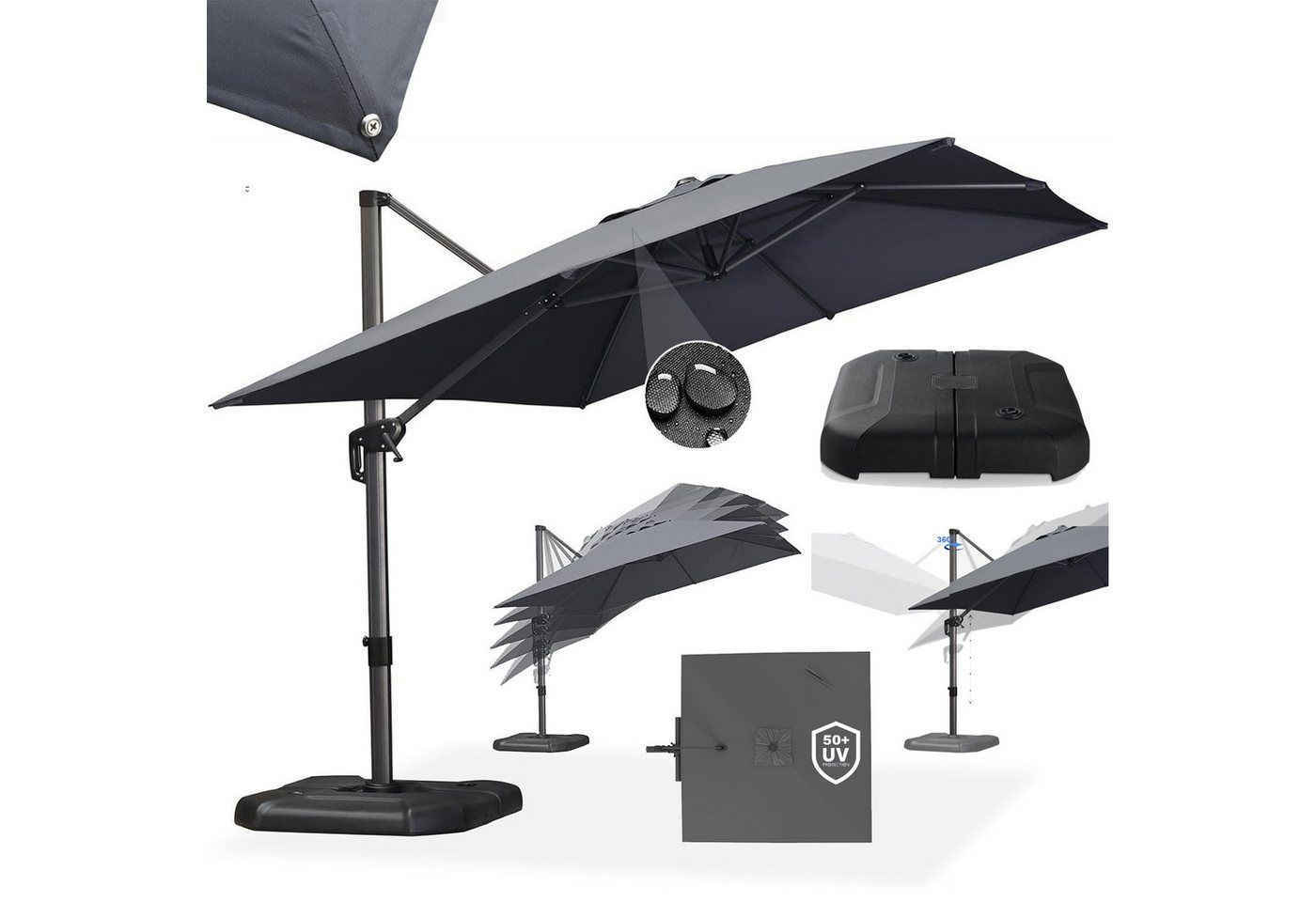 PURPLE LEAF Sonnenschirm Rechteck Alu Außenbereich Ampelschirm mit Schirmständer, LxB: 350,00x270,00 cm, Set, 360°Rotation, Sonnenschutz UV50+, für Garten, Terrasse, Pool, Balkon