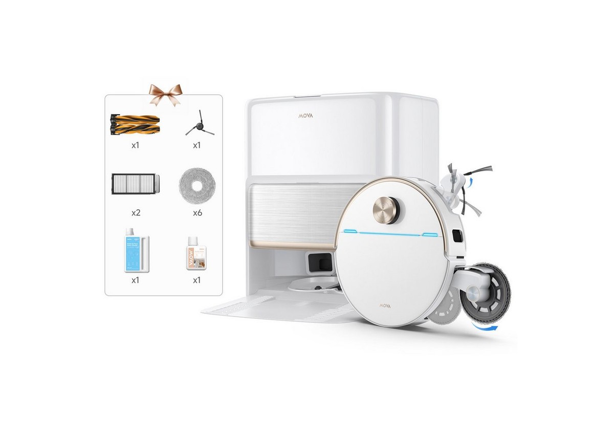 Mova Saugroboter mit Wischfunktion V70 Ultra Complete, 40.000 Pa Saugkraft, 700 W, beutellos, MaxiReachX-Doppelverlängerung, 15N Abwärtsdruck & 300 U/min Wischen