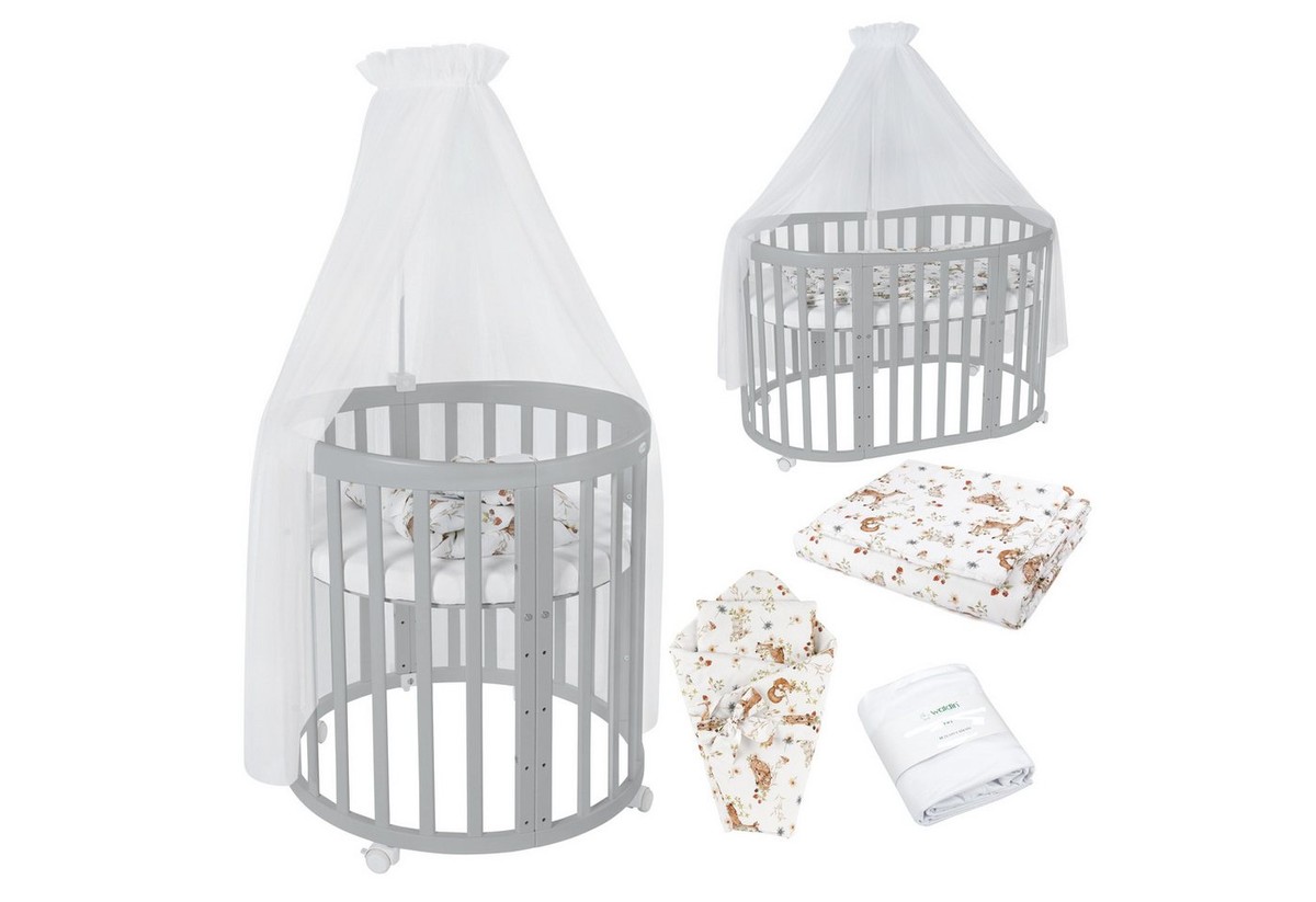Waldin Babybett Mobiles Babybett OWAL aus Holz 7in1 mit Matratze, mitwachsend