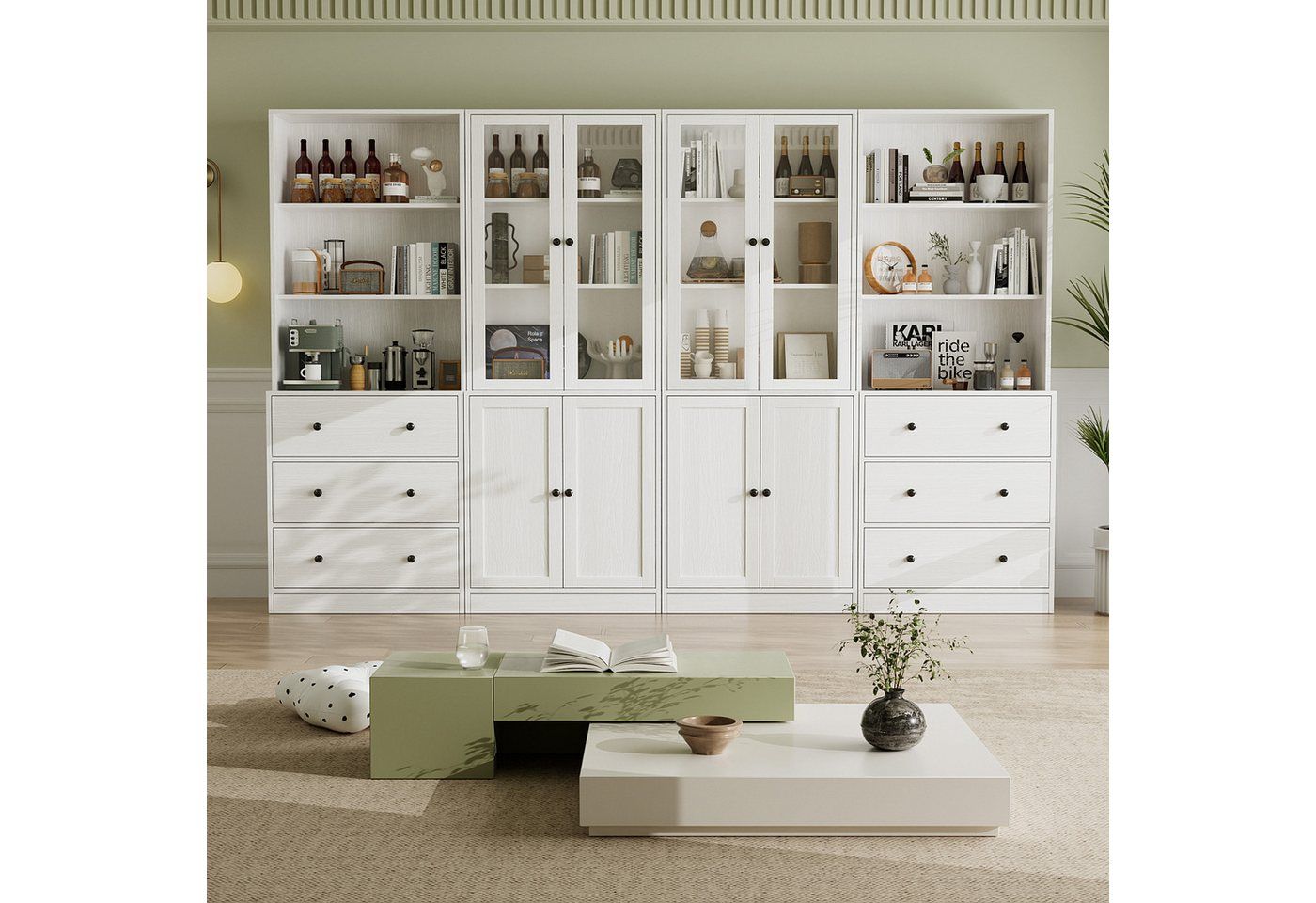 VOWNER Bücherregal 5-stöckiges Bücherregal mit Glastüren, 180 cm Vitrinenschrank, 4-tlg., multifunktionaler Küchenschrank Hochschrank & Buffetschrank