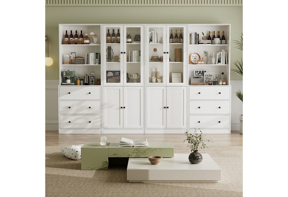 VOWNER Bücherregal 5-stöckiges Bücherregal mit Glastüren, 180 cm Vitrinenschrank, 4-tlg., multifunktionaler Küchenschrank Hochschrank & Buffetschrank