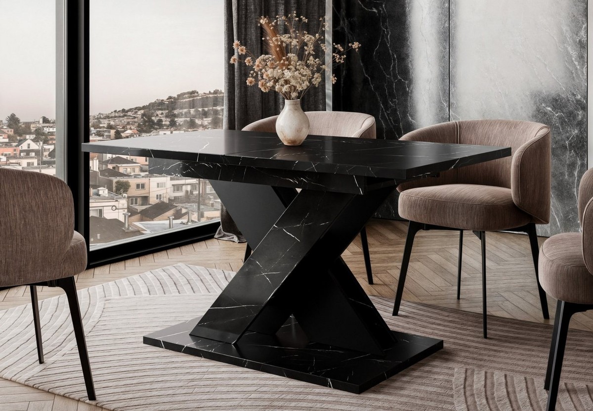 Home Collective Esstisch ausziehbar Tisch Küchentisch Esszimmertisch 120 oder 140 cm (wählbar in 120-160 oder 140-180 x 80 cm Esszimmer Küche Wohnzimmer Esstisch erweiterbar), modernes Design mit X-Gestell Schwarz Marmor-Optik