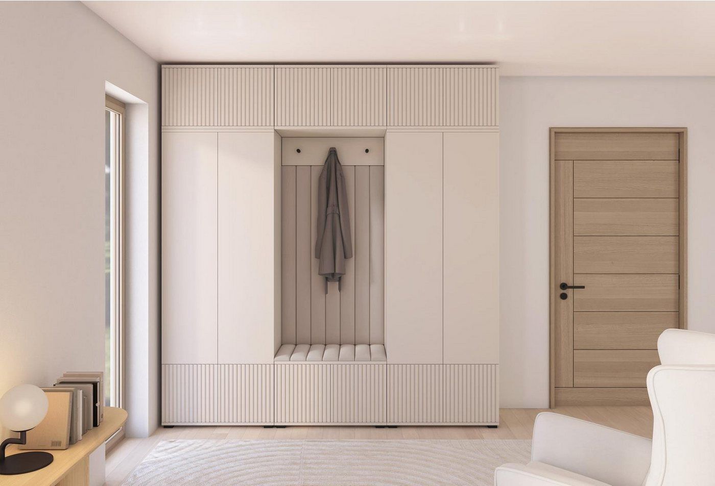 Compleo Garderoben-Set mit Sitzbank Kaschmir, Garderobenschrank mit Lamellen, Spiegel als option