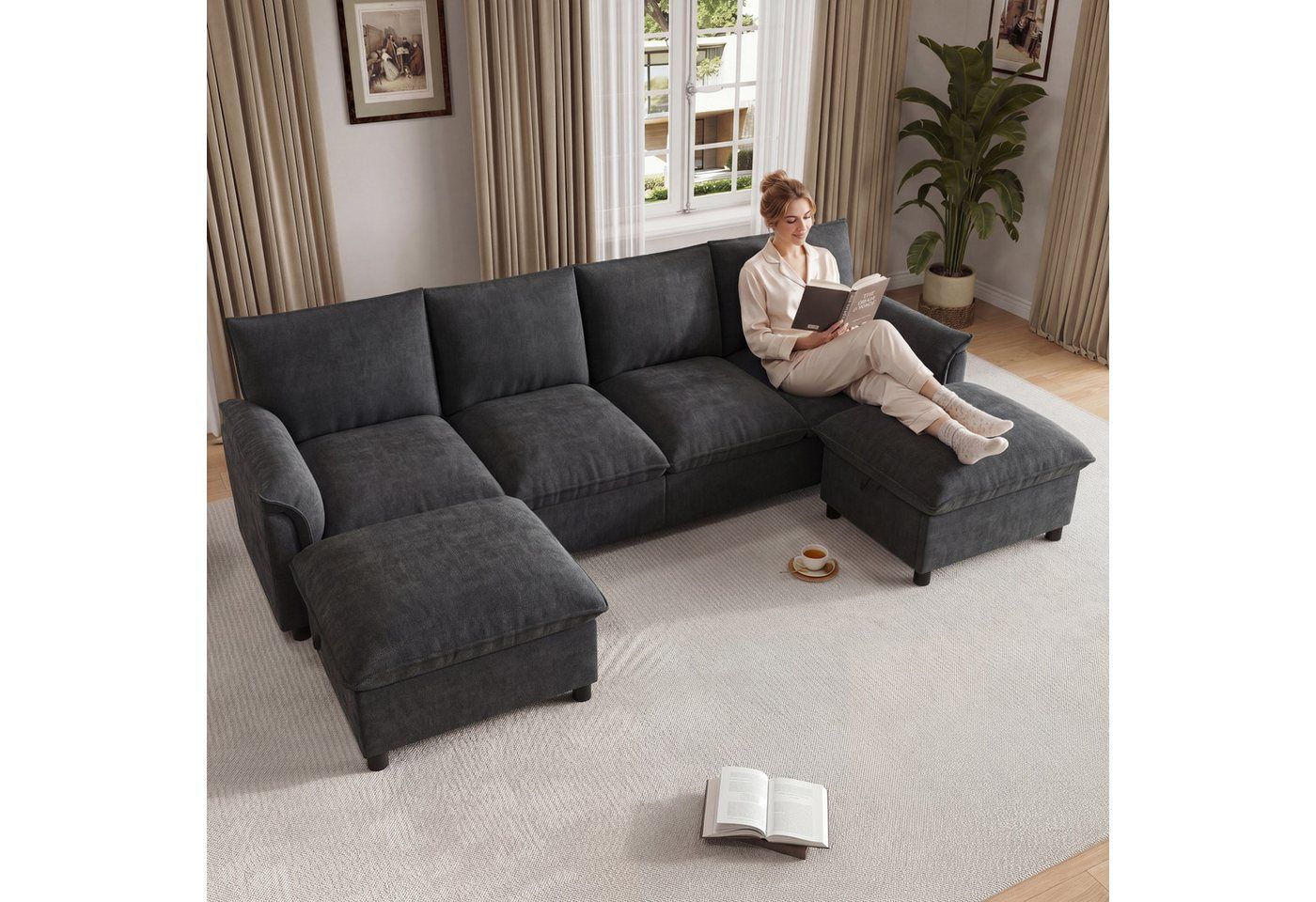 Merax Ecksofa U-Form Sofa, 4-Sitzer Cloud-Sofa mit 2 Fußhockern, mit Bettkasten, 1 Teile, Modulares Ecksofa, Chenille Couch Mit Stauraum, Soffa, Wohnzimmersofa