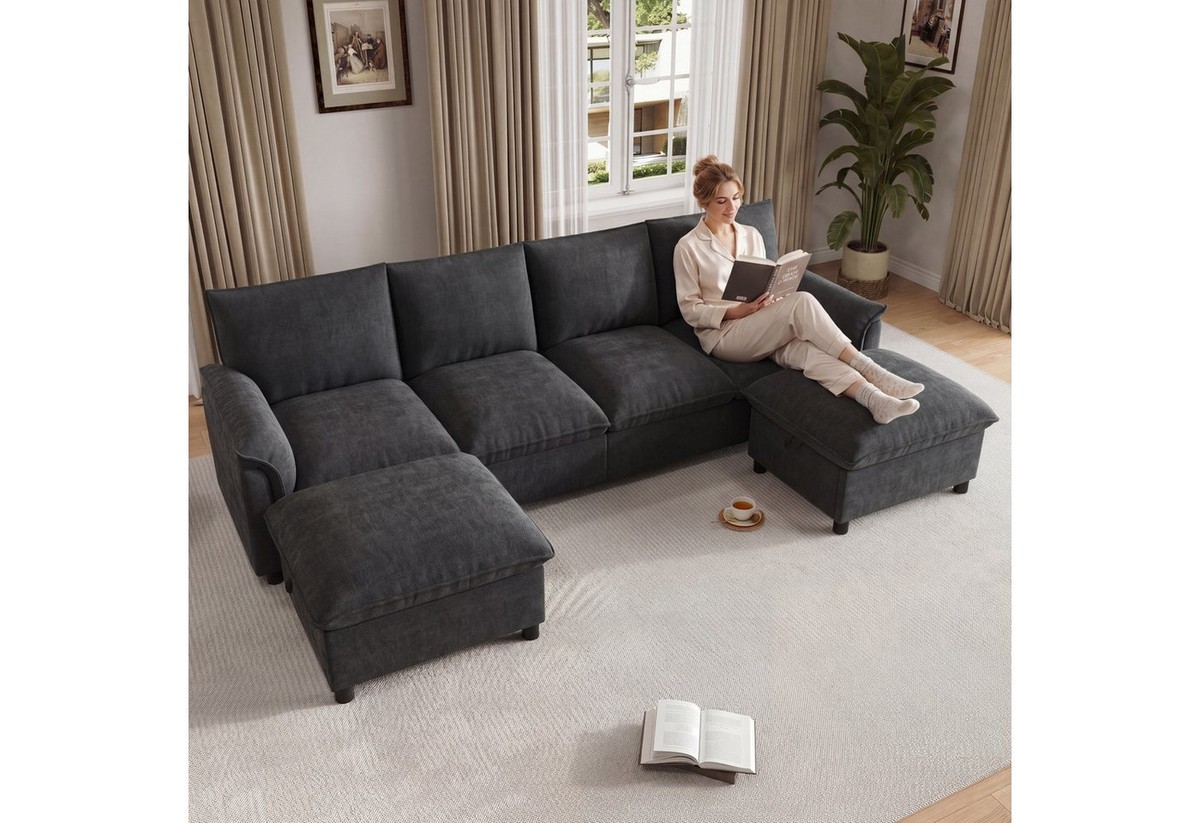 Merax Ecksofa U-Form Sofa, 4-Sitzer Cloud-Sofa mit 2 Fußhockern, mit Bettkasten, 1 Teile, Modulares Ecksofa, Chenille Couch Mit Stauraum, Soffa, Wohnzimmersofa