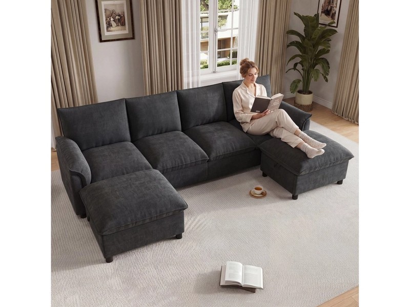 Merax Ecksofa U-Form Sofa, 4-Sitzer Cloud-Sofa mit 2 Fußhockern, mit Bettkasten, 1 Teile, Modulares Ecksofa, Chenille Couch Mit Stauraum, Soffa, Wohnzimmersofa