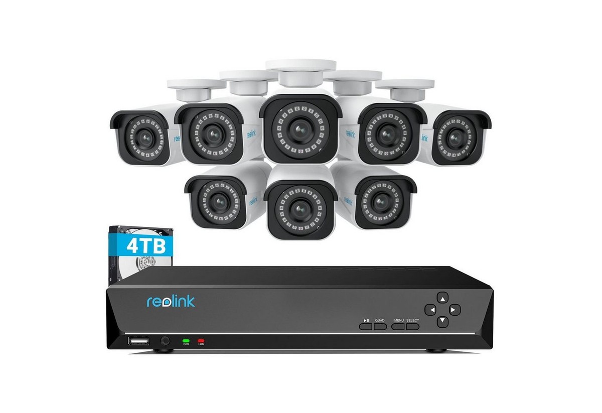 Reolink Überwachungskamera RLK16-810B8-A 4K PoE (Außenbereich, Videoüberwachungsset, Videoüberwachung mit 8X 8MP PoE IP Kamera und 16CH 4TB HDD NVR, Personenerkennung und Fahrzeugerkennung, IP66, 30M IR Nachtsicht)