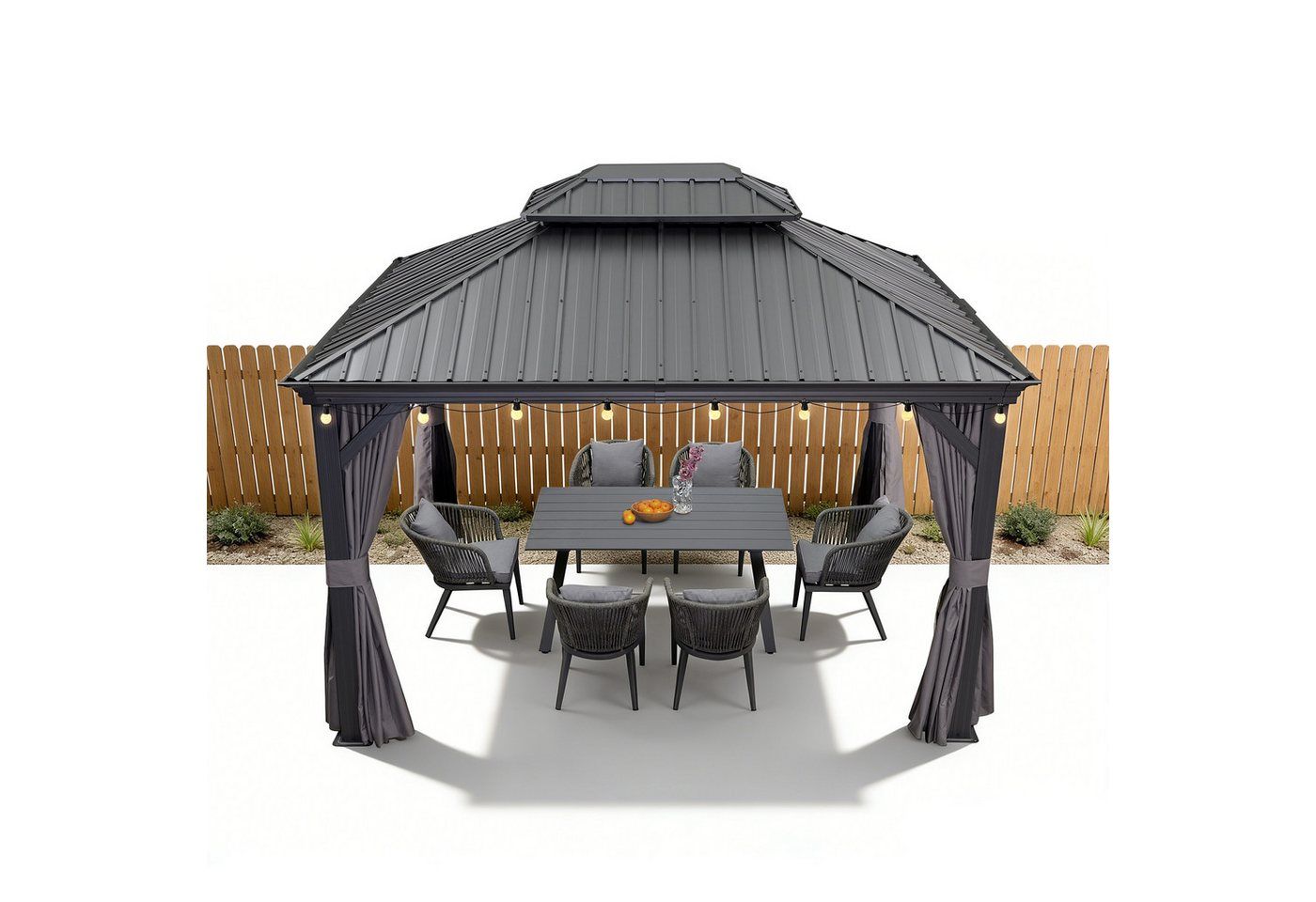 PURPLE LEAF Pavillon Hardtop Aluminium Gartenpavillon mit LED-Lichtern und Seitenteilen