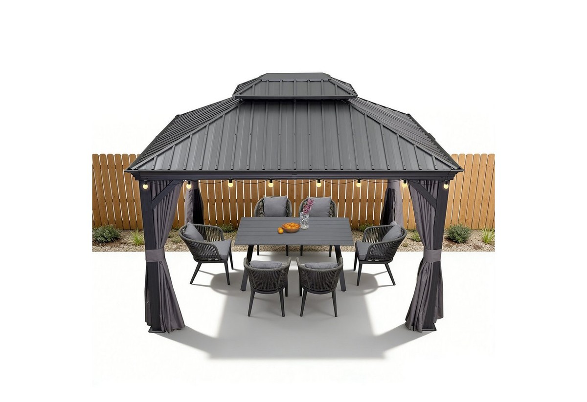 PURPLE LEAF Pavillon Hardtop Aluminium Gartenpavillon mit LED-Lichtern und Seitenteilen